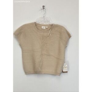 Cyrus Beige Womens Fuzzy Knit Cap-Sleeve Top - Size S